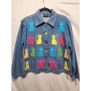 Life Style Kitty Catlady Applique Colorful Cotton Button Up Grandmacore Pet. Med